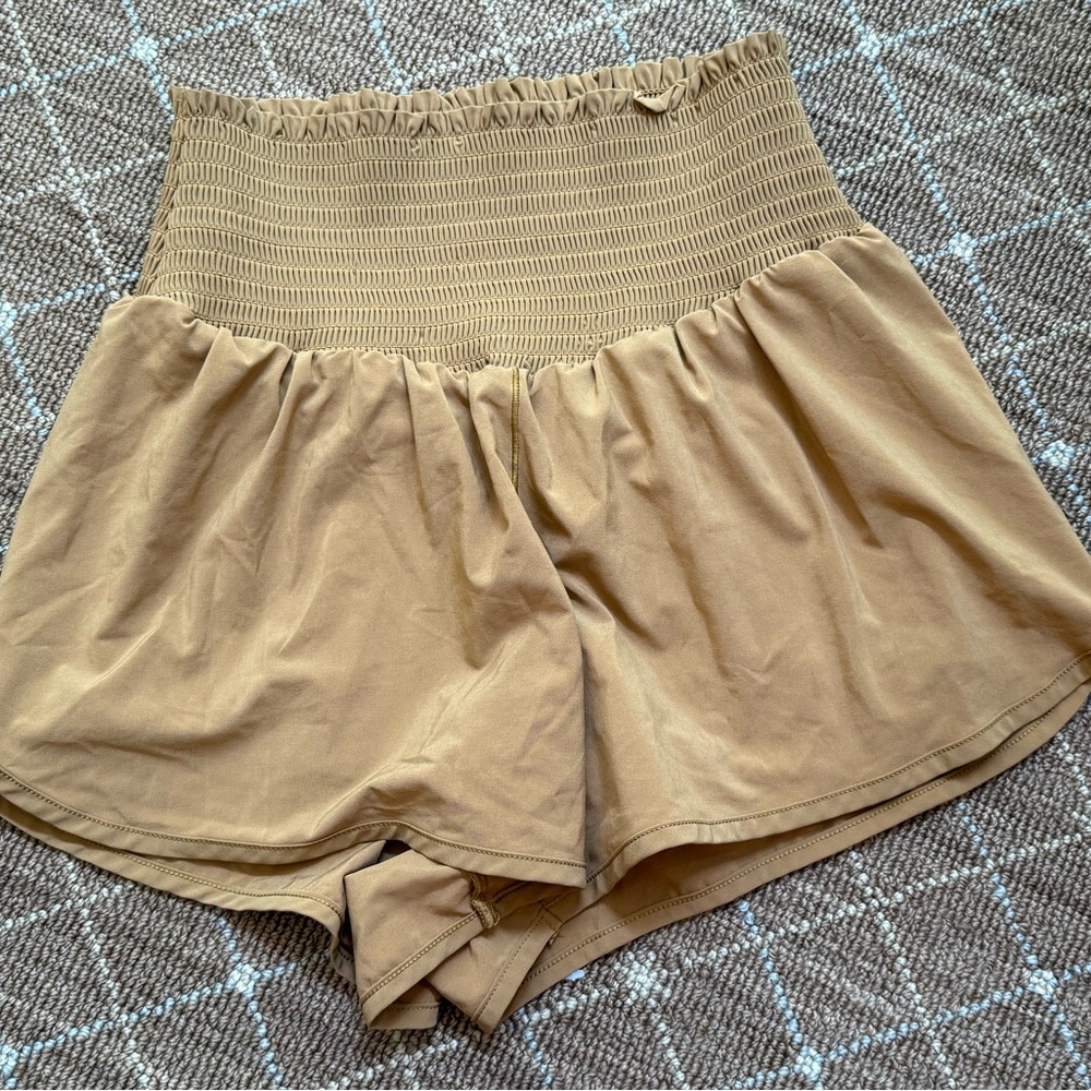 Aerie High Waist Smocked Flowy Tan Shorts